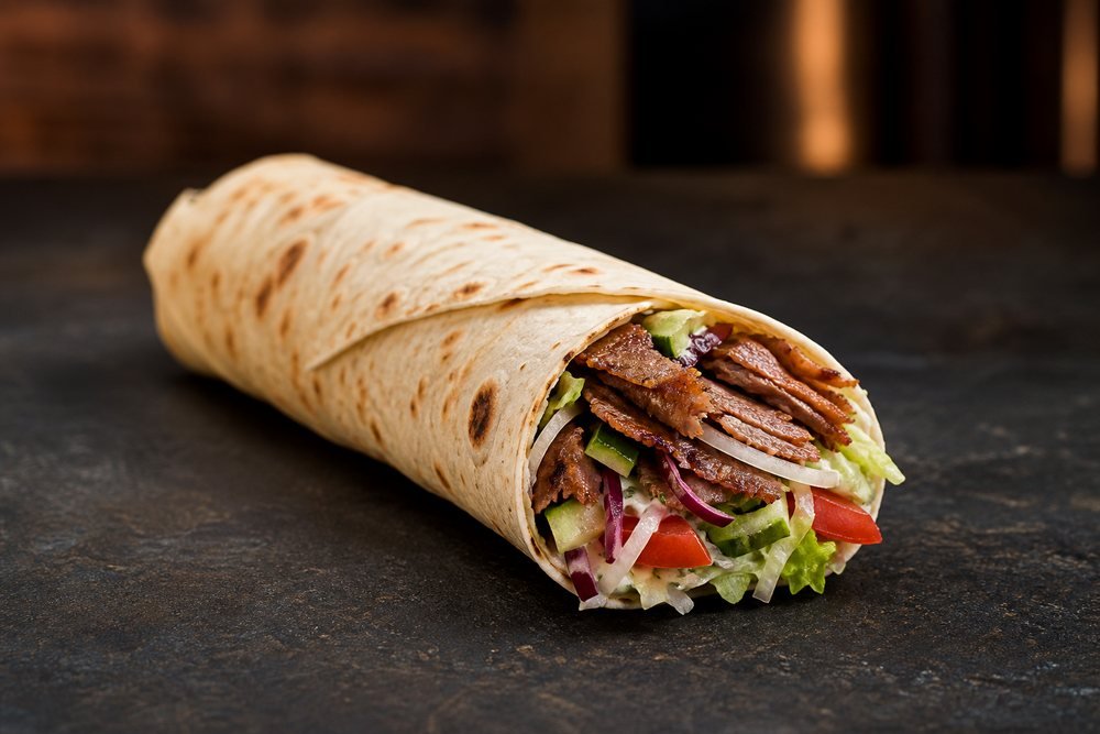 Dürüm-Rolle mit Drehfleisch, Salat, Tomaten, Zwiebeln und Zaziki