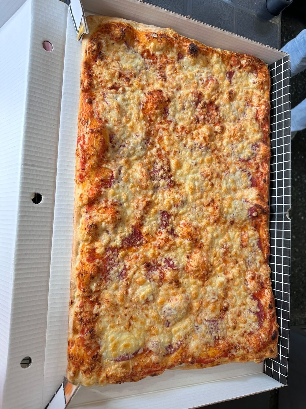 Große, goldbraun gebackene Familien-Blechpizza mit Käse und Salami
